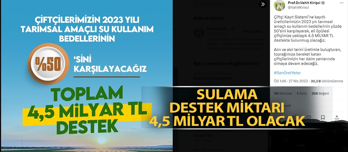 Sulama destek miktarı 4,5 Milyar TL olacak